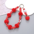 Handmade red plush ball phone strap with beaded mushroom charms and metal ring - Red Pompom Pendant Style (K2668)
