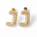 Sparkling gold-plated letter J stud earrings with full zircon stones for women - Letter J