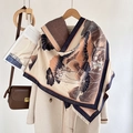 Elegant beige magnolia cashmere-feel scarf with brown floral patterns and tassels - Lotus-Orange