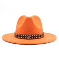 Close-up of bright orange wool fedora hat featuring a leather band with vintage metal rivets - Orange