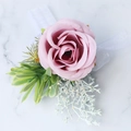 Wedding boutonniere with dusty rose rose, succulent greenery and white ribbon - Bean Paste Pink Wrist Corsage