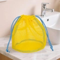 Large yellow mesh beach bag for kids toys with durable blue drawstring closure - Drawstring Bucket Bag Yellow 19x19x22cm