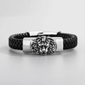 Bracelet tressé en cuir pour homme avec tête de lion argentée et fermoir en acier - Tête de Lion (KB30274-D)