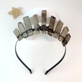 Macro detail of handmade smoky quartz crystal crown with pentagram and moon charms - Smoky Quartz Black Wire Triple Moon