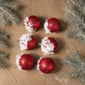Set of 6 red glitter Christmas balls with white snowflake base and hanging strings - Red & White (6 Pcs)