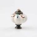 White ceramic pumpkin cabinet knob with hand-painted plant patterns and bronze base - TCL372/Brown Green Plants