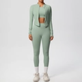Détails du legging taille haute vert sauge et de la veste de yoga avec fermeture - S / Vert Basilic