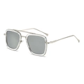 Retro square sunglasses with silver metal double bridge frame and gray lenses - Silver Frame Clear Ring White Mirror Lens