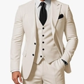 Detail view of the single-breasted cream white three-piece slim fit men's suit - Beige