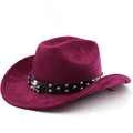 Detail of dark purple faux suede cowboy hat with skull and rivet leather band - M (56-58cm) / Burgundy