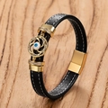 Men's evil eye punk leather bracelet with gold magnetic clasp on wood texture - Style A (Round Evil Eye) / 19cm