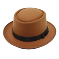Classic British style camel wool pork pie hat with black ribbon and bow for men and women - Khaki