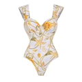 Detail of white one-piece swimsuit with ocean prints, chain patterns, and heart neckline - S / Molded Cup One-Piece Swimsuit