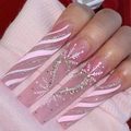 Pink coffin fake nails with silver glitter swirls, white snowflakes, and heart rhinestones - Pink Glitter Diagonal Stripe Style (XB-70-17)