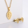 Golden stainless steel jewelry set featuring hollow leaf necklace and stud earrings - Leaf