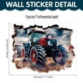 3D wall sticker featuring a red tractor breaking through a brick wall, 45x35cm size - Red Tractor (CT24Y11554J_R) / 45cmx35cm
