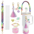 Rainbow macrame cup accessories set with woven strap, floral charms and silicone boot - Macaron Rainbow Set