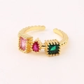 Adjustable gold plated open ring featuring emerald cut pink, red and green crystals - Adjustable Open / Vintage Three-Color Gemstone Style (Style 3)