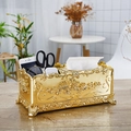 Boîte à mouchoirs vintage dorée avec relief floral et compartiments de rangement divers - Doré