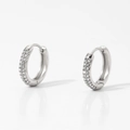 Macro view of silver stainless steel hoop earrings with tiny clear zircon crystals - Silver (D3111)