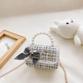 Elegant tweed girls crossbody bag with pearl handle and bow in grey and white - Black Checkered