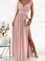 Pink lace sleeveless maxi dress with deep V-neck and high side slit for evening wear - S / Pink