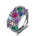 Elegant black gold ring with colorful zirconia flower clusters on white background - Adjustable Open / Black & Gold