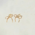 Macro shot of 14K gold plated bow earrings with metallic mesh texture on stone background - Short Style / Gold