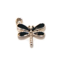 Golden dragonfly charm with black enamel wings and metal hanging loop for DIY jewelry - Black Gold Plated