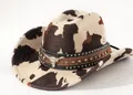 Cappello da cowboy con stampa mucca marrone e bianca e fascia in pelle con testa di toro - M (56-58cm) / Stile Strass Testa di Toro Motivo Toro (07) / Stampa mucca