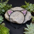 Detail of cat ear headband with purple crystal points and beads on a textured rock - Light Purple Crackle Cat Ears