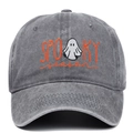 Detail of orange Spooky Season embroidery with ghost on washed grey baseball cap - Adjustable / Gray