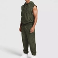 Men's olive green sleeveless hoodie and joggers set with a distressed floral knit pattern - S / Army Green