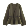 Cardigan tricoté vert armée col en V pour femme avec fine ceinture en cuir noir - S / Vert Militaire