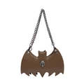 Brown bat-shaped jelly bag with silver skull motif and metal chain strap on white background - Skull Pendant / Brown