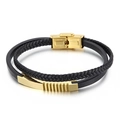 Bracciale da uomo a doppio strato in pelle nera con chiusura in acciaio dorato - Stile Intrecciato a Doppio Strato Nero Oro (KB136553-YY)