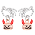 Minimalist silver skull hand earrings with rose gold devil horn pumpkin charms - White K And Rose Gold H-185