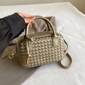 Handmade woven gold Boston bag for women with leather texture and top handles - Green