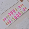 Almond shaped press-on nails set with floral patterns and gold mirror finish accents - Colorful Relief and Mirror Style (WY-081) / 24 Pieces Strip Pack