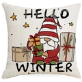 Beige linen Christmas pillowcase featuring Hello Winter text and cute cartoon gnome - 45x45CM (No Core) / LYD369-3 Hello Winter