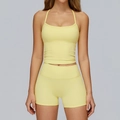 Ensemble de yoga deux pièces jaune clair brossé avec haut dos nageur et short taille haute - S / Haut et Bas (Débardeur + Short) / Jaune Oie