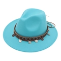 Detail of ethnic turquoise fedora hat with silver coins and woven bohemian band - Lake Blue