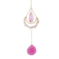 Pink agate and rose quartz moon suncatcher with crystal drop prism and gold frame - Rose Quartz Moon Agate