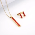 18K gold plated stainless steel jewelry set featuring red zircon vertical bar pendant - Red