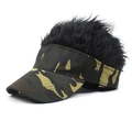Detail of camouflage visor with creative black spiky synthetic hair attachment - Camo and Black