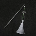 Detailed view of antique silver lotus sword hairpin with green beads and white silk tassels - Lotus Black Tassel