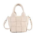Creamy white woven PU leather bucket bag with top handle and adjustable gold strap - White