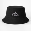 Detail of white good vibes script embroidery on classic black cotton bucket hat - M / Black
