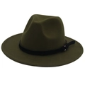 Side view of an olive green wide brim wool fedora hat with a black leather band - Army Green