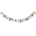 Colorful Happy Birthday banner with forest leaves and daisy flowers on white background - Mermaid Color